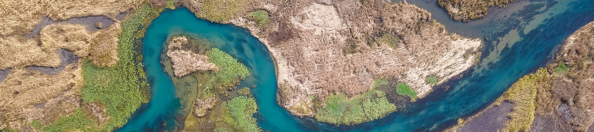 Vista aérea de um rio a serpentear entre juncais e prados